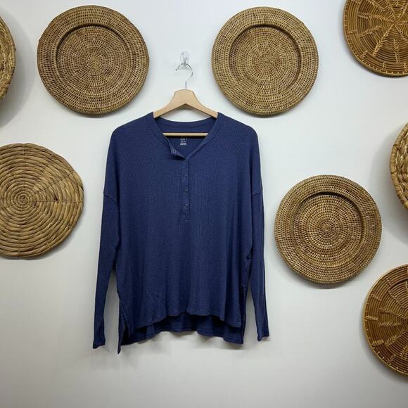 Aerie Blue Ribbed Henley Button Oversized Long Sleeve Tee T-Shirt Top XS - Picture 1 of 7